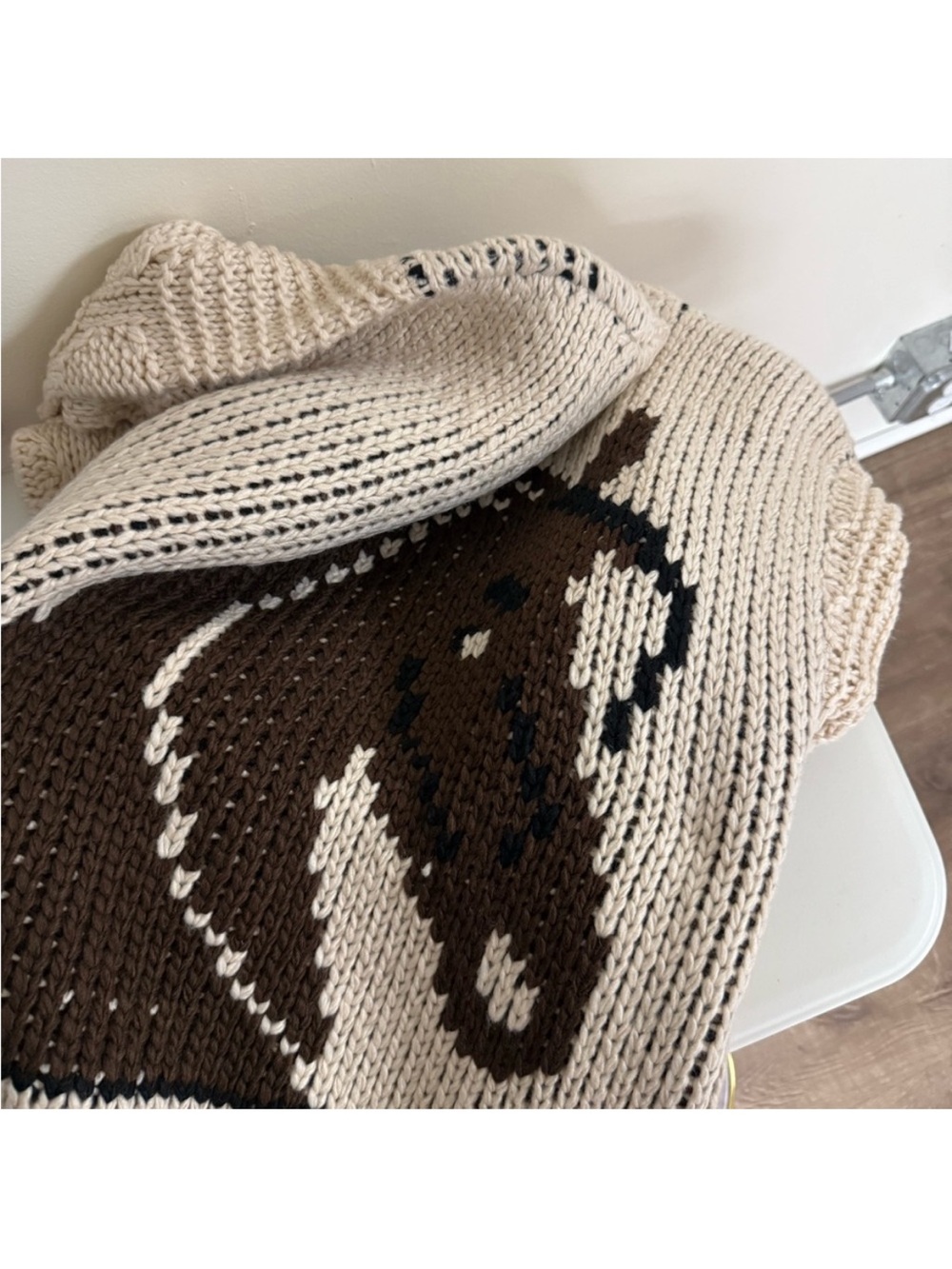 REVOLVE Cream Open-Knit Cardigan with Black Horse Motif - Picture 6 of 6